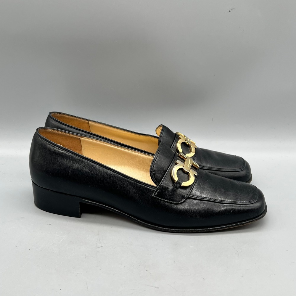 Salvatore Ferragamo Shoes Womens 4.5 Black Leather Gancini Loafers Block Heel